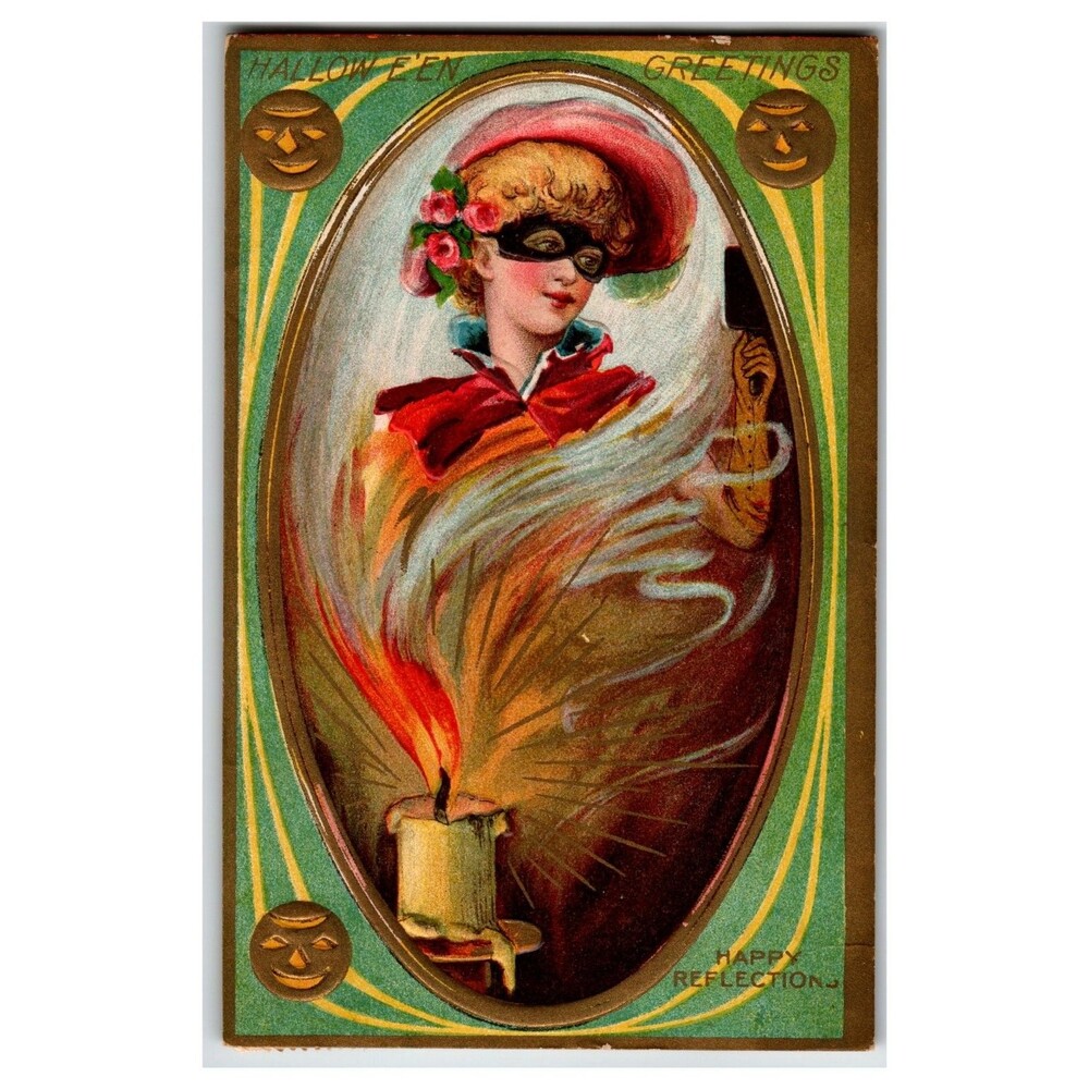 Vintage 1909 Halloween Masquerade Woman Candle Smoke Happy Reflections Postcard